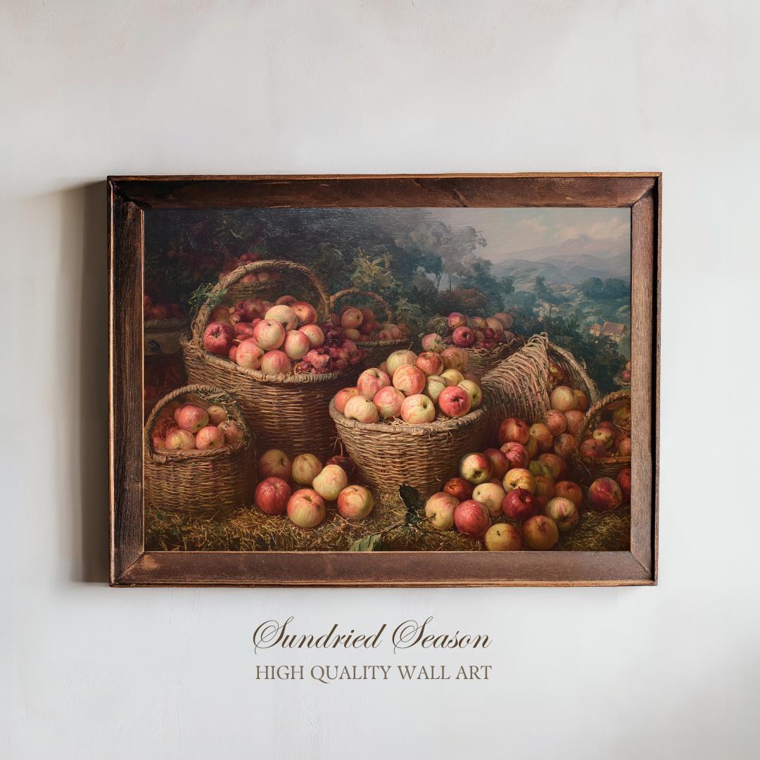 秋の果樹園のリンゴバスケットの絵画プリント、秋の赤と緑の果物の収穫