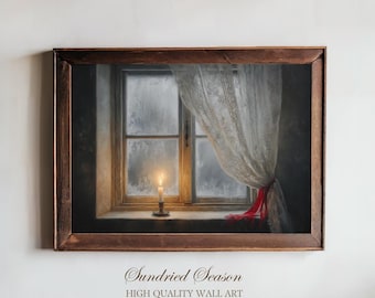 Frosted Window with Candle Poster, Vintage Winter Still Life Wall Art, Quiet Christmas Yuletide Decor for Cottage or Cozy Bedroom Poster