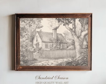 Vintage Cottage Pencil Drawing, Cozy Countryside Home Sketch, Rustic Woodland House Wall Art for Living Room & Bedroom
