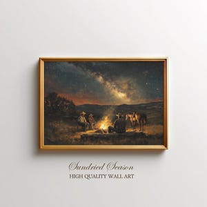 Cowboys am Lagerfeuer unter dem Sternenhimmel Kunstdruck, rustikale Westernlandschaft, Vintage Pferdewanddekoration für gemütliches Zuhause, Büro oder Hotel