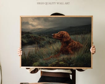 Irish Setter Wall Art Print, Scottish Highlands and Irish Moorland, Wildlife Painting, Rustic Dog Portrait Decor for Living Room, Dog Gift