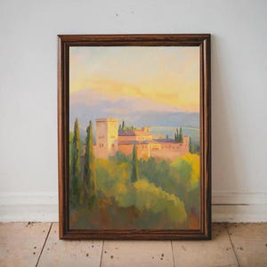 Alhambra Palace Sunset Art Print, Romantic Moorish Architecture Painting, Warm Granada Landscape Wall Decor for Living Room or Study