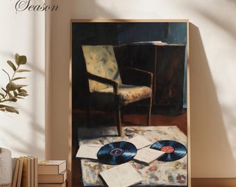 May include: A framed painting featuring a vintage chair, a rug, and vinyl records. The artwork has a warm color palette with a wooden frame. The painting includes the text "Sundried Season" in the upper left corner.