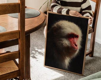 Japanese Snow Monkey Wall Art Print, Dark Macaque Portrait, Realistic Wildlife Decor for Minimalist Zen, Rustic, or Natural History Homes