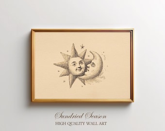 Vintage Sun and Moon Kiss Art Print, Romantic Celestial Lovers Illustration, Whimsical Night Sky Astrology Decor for Bedroom or Nursery Gift