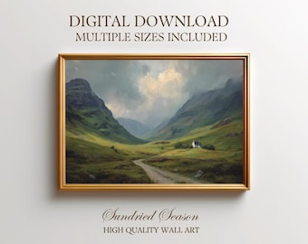 Glencoe Scotland Digital Download Wall Print, Scottish Highlands Cottage Landscape, Mountain Poster, Rustic Nature Decor, Home or Office