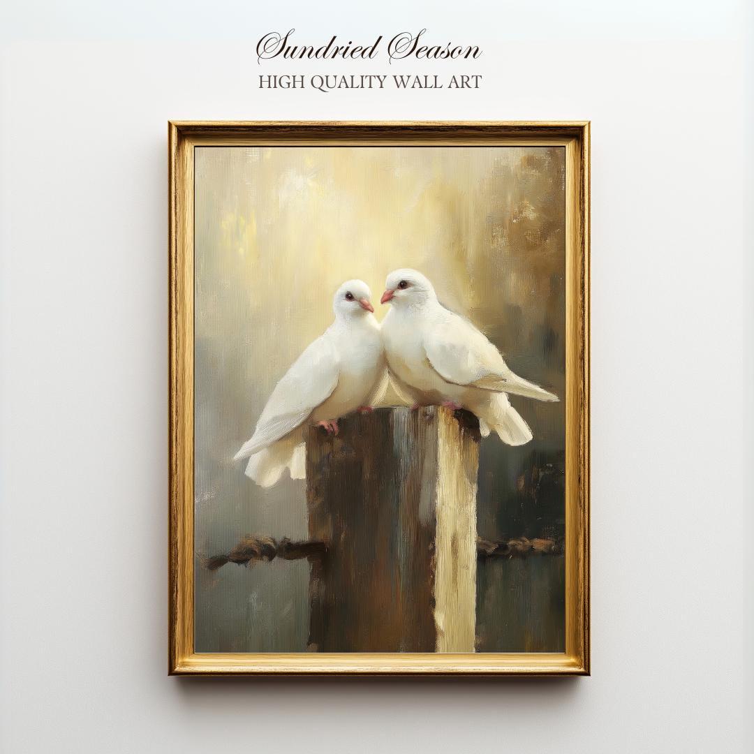 Romantic White Doves Poster, Vintage Bird Wall Art, Soft