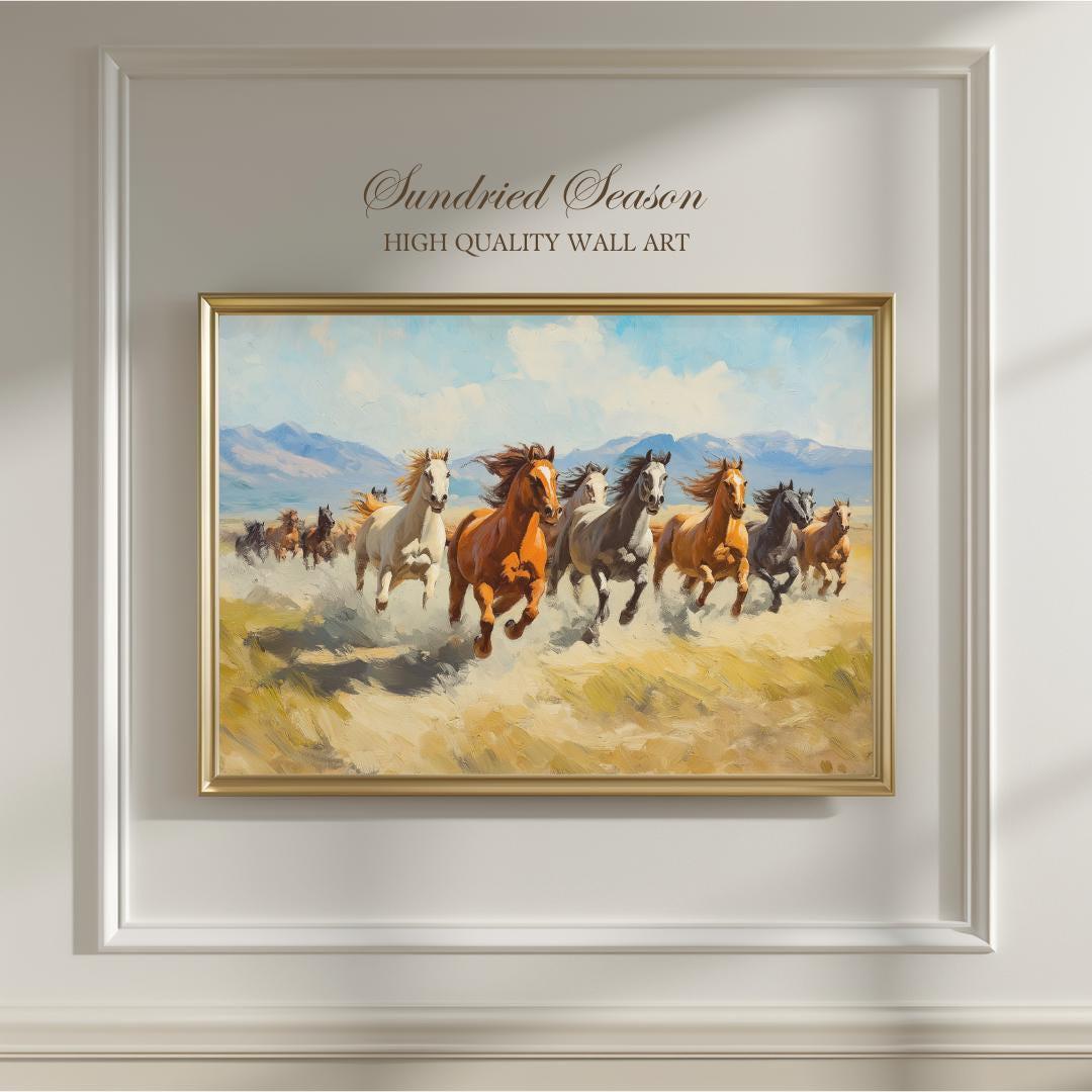 Wild Horses Running Art Print, Vintage Mustang Herd Galloping in