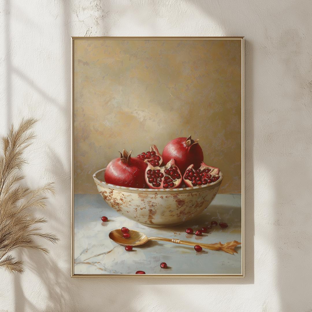 ザクロの静物画ポスター、クラシックなフルーツボウルの絵画