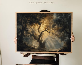 Enchanted Sunlit Oak Grove Art Print, Golden Light Through Ancient Forest, Mystical Woodland Wall Decor for Living Room or Study