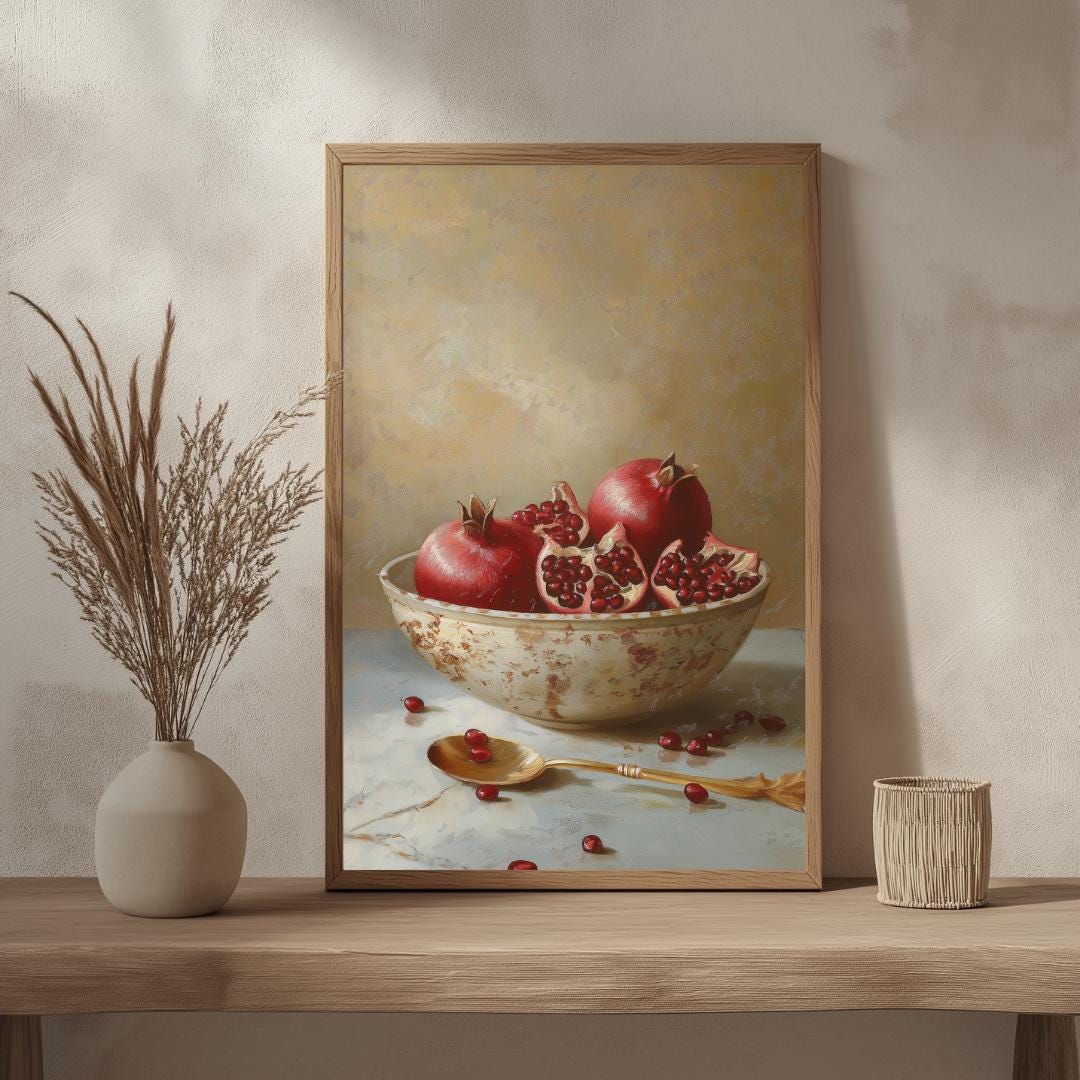 ザクロの静物画ポスター、クラシックなフルーツボウルの絵画