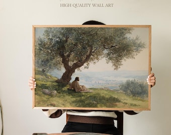 Christ Under Olive Tree Print, Peaceful Jesus in Countryside Faith Art, Inspirational Christian Wall Decor for Home, Office or Prayer Corner