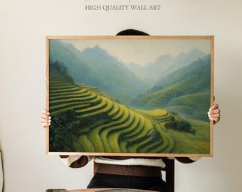 Misty Terraced Rice Fields Painting Print, Lush Green Mountain Landscape Wall Art,  Tropical Vietnam Nature Decor for Living Room or Office
