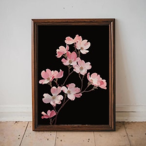 Impresión botánica de flor de cornejo rosa, delicado arte de pared con ramas florales, póster romántico de naturaleza para dormitorio, oficina o decoración serena.