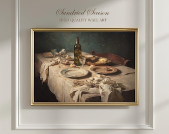 After Dinner Table Art Print, Rustic Still Life with Wine and Crumbs, European Dining Scene Wall Decor for Kitchen, Dining Room or Gift