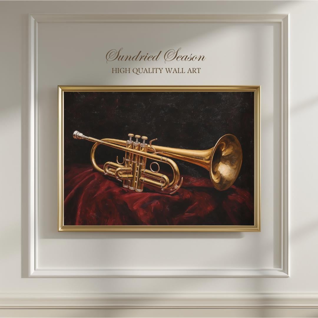 Vintage Golden Trumpet Painting, Classic Brass Instrument Wall Art