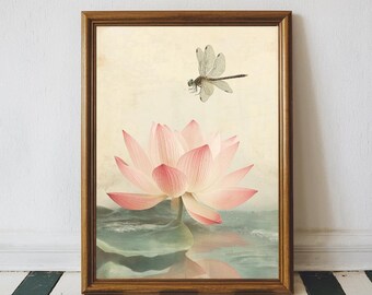 Lotus and Dragonfly Art Print, Vintage Botanical Illustration, Tranquil Water Lily Wall Art, Nature-Inspired Home Decor, Zen Aesthetic