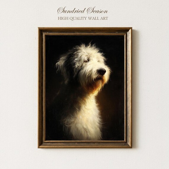 カレンホスピティング作犬と街 版画 高島屋購入【直筆サイン＆イラスト入り】④ Shaggy Old English Sheepdog Portrait Print, Long-haired Dog Wall