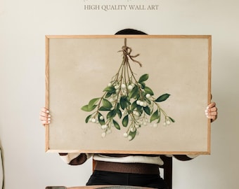 Vintage Mistletoe Botanical Art Print, Romantic Winter Holiday Wall Decor, Hanging Greenery Illustration, Classic Christmas Poster for Home