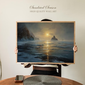 Lake Baikal Sunset Art Print, Frozen Siberian Landscape Painting, Icy Winter Water Reflection Wall Art, Cozy Home Office Nature Decor