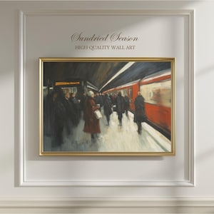 Vintage London Underground Wall Art, Moody Tube Station Painting, Rush Hour Print, Train Cityscape, Urban Transport Poster, Home or Office