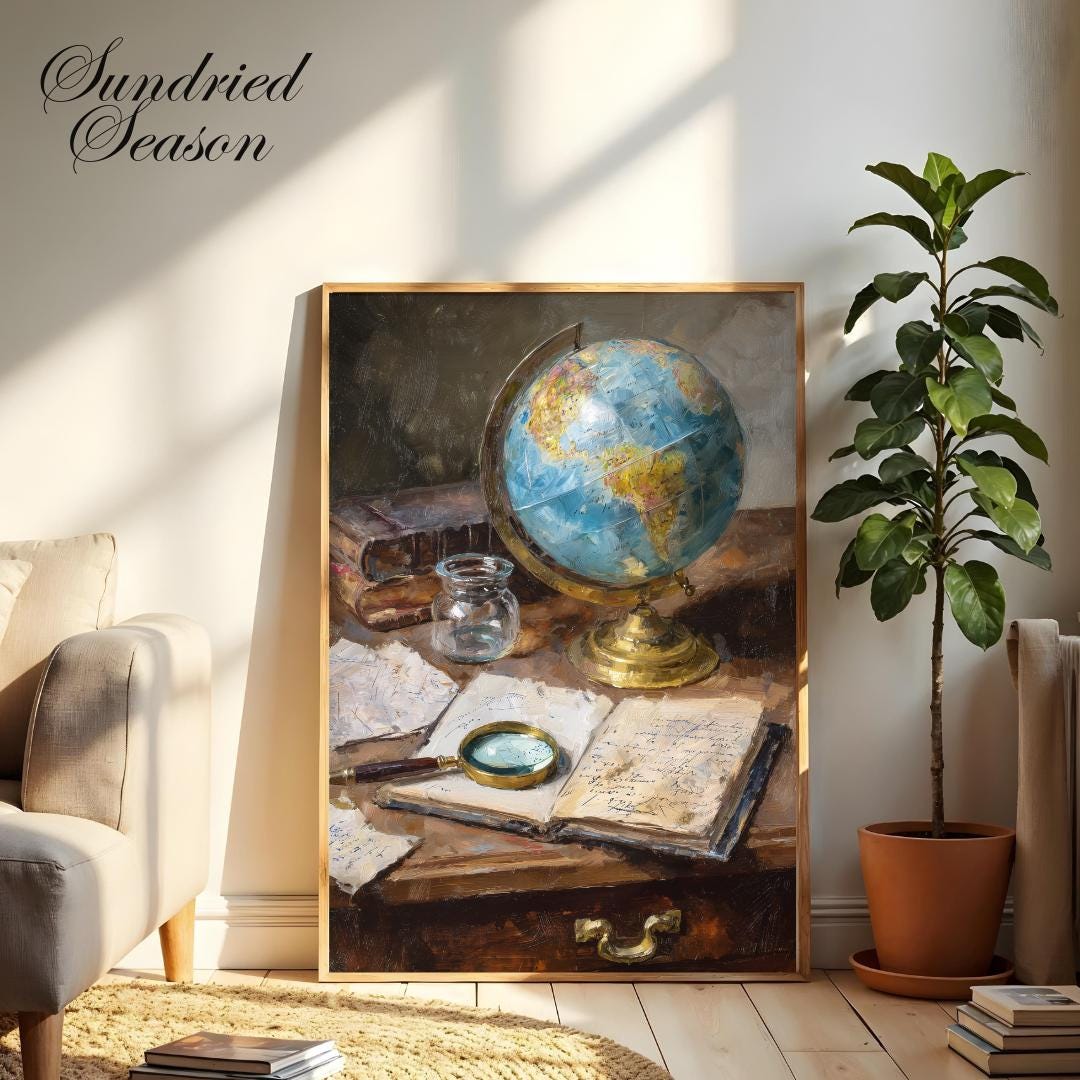 旧世界の勉強机のアートプリント、地球儀と虫眼鏡の絵画、知的な探検家