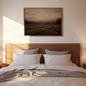 Plakat z motywem dyni w stylu vintage, plakat z jesiennym krajobrazem w złotej godzinie, przytulny, rustykalny wystrój jesienny do domu, domu wiejskiego, galerii ściennej do kuchni zdjęcie 6