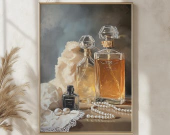 Vintage Perfume Still Life Poster, Elegant Vanity Wall Art, Antique Glass Bottles Print, Romantic Classic Decor, Timeless Luxury Artwork