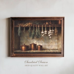 Lámina decorativa rústica para la pared de la cocina, pintura de ollas de cobre y hierbas secas colgantes, decoración vintage de estilo granja para la cocina o regalo para cocineros caseros.