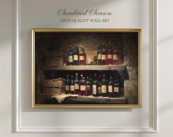 Wine Cellar Wall Art Print, Vintage Bottles and Cobwebs Painting, Rustic Wine Decor for Kitchen, Bar or Gift for Wine Lover or Vineyard Home