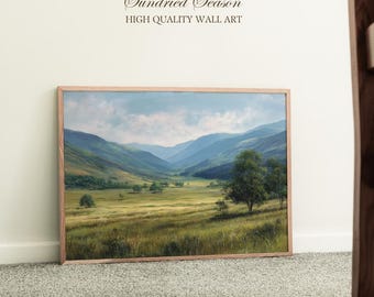 Glen Orchy Print, Scottish Highland & Soft Green Meadow Valley, Antique Spring Countryside Painting, Hiker Gift Farmhouse Wall Art Decor