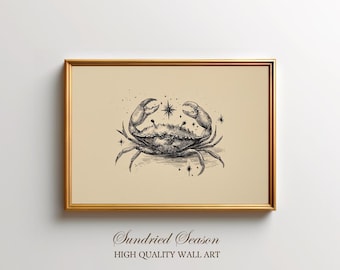 Krebs Sternzeichen Art Print, Vintage himmlische Krabbe Illustration, Mystische Astrologie Wanddekoration, Boho Horoskop Schlafzimmer Poster, Sternzeichen Geschenk