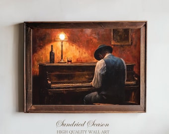 May include: A framed vintage painting depicts a person playing a piano in a dimly lit room. A bottle, a glass, and a lamp are on the piano. The artwork has a warm color palette with brown and red tones. The text "Sundried Season" and "HIGH QUALITY WALL ART" is at the bottom.