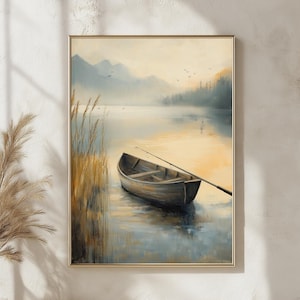 Póster de barco de pesca rústico en el lago, arte de pared sereno para exteriores, impresión de paisaje de naturaleza tranquila, decoración estética de cabaña, escena de agua pacífica