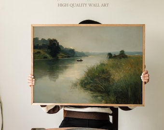 Tranquil Fishing River Art Print, Soft Pastoral Landscape Painting, Calm Canoe Water Scene, Country Cabin Wall Decor for Home Living Room