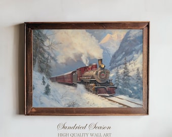 Christmas Train Wall Art, Vintage Steam Train Snow Print, Winter Holiday Decor, Festive Railroad Painting, Nostalgic Seasonal Travel Poster