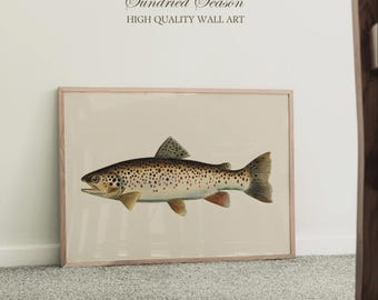 Impresión artística vintage de trucha marrón, ilustración detallada de peces de agua dulce, decoración rústica de pared para cabaña, casa de campo en el lago o regalo de pesca.