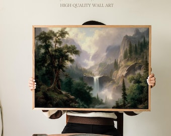 May include: A framed landscape wall art print featuring a waterfall cascading down a mountain, surrounded by lush green trees. The artwork has a natural wood frame. The text "Sundried Season HIGH QUALITY WALL ART" is at the top.