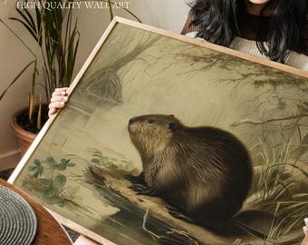 Impressão de arte vintage de vida selvagem de castor, ilustração de pântano terroso, decoração de parede rústica para cabana de lago, escritório, sala de natureza ou casa em ambiente arborizado