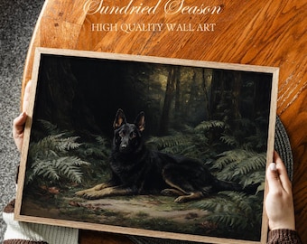 German Shepherd Wall Art Print, Black Forest Germany & Pacific Northwest Woodland, Wildlife Painting, Moody Dog Portrait for Living Room