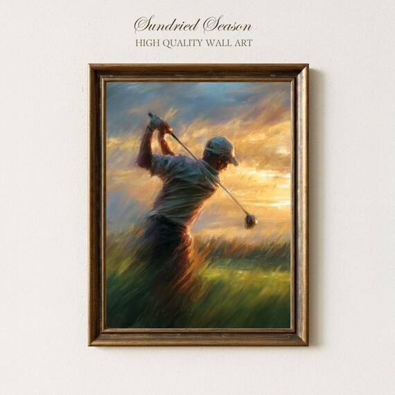 Golf Swing Wall Art Print, Sports Painting of Golfer at Sunset