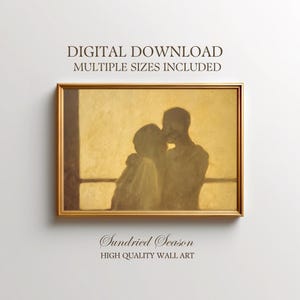 Könnte beinhalten: Ein gerahmter digitaler Druck, der ein sich umarmendes Paar in warmen Sepiatönen zeigt. Das Kunstwerk hat einen goldenen Hintergrund, mit dem Text "DIGITAL DOWNLOAD MULTIPLE SIZES INCLUDED" oben und "Sundried Season HIGH QUALITY WALL ART" unten.