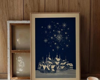 Retro 1950s Winter Village Art Print, Midcentury Christmas Print in Ivory & Navy, Vintage Scandinavian Holiday Art for Nordic Home Lounge