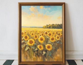 Sunflower Field Art Print, Bright Impressionist Landscape Painting, Golden Floral Nature Wall Decor for Kitchen, Summer Bedroom or Office