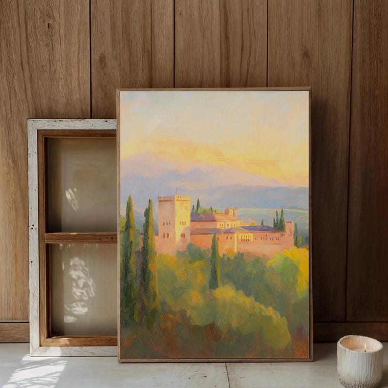 Alhambra Palace Sunset Art Print, Romantic Moorish Architecture Painting, Warm Granada Landscape Wall Decor for Living Room or Study image 2