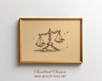 Vintage Libra Zodiac Art Print, Celestial Scales of Justice Illustration with Stars, Boho Magical Astrology Decor for Whimsical Bedroom Wall