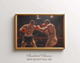 Pode incluir: Uma pintura vintage emoldurada retrata dois boxeadores num ringue, em plena luta. Os boxeadores usam luvas vermelhas e calções escuros. A obra de arte está emoldurada em ouro e está rotulada como "Sundried Season HIGH QUALITY WALL ART."