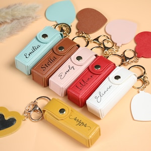 Porte-clés de sac de rouge à lèvres personnalisé, sac de rangement de rouge à lèvres personnalisé, étui à rouge à lèvres avec miroir, proposition de cadeau de demoiselle d'honneur