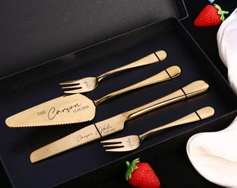 Personalized Wedding Cake Server Set With Box | Custom Engraved Dessert Silverware With Box I Wedding Day Cake Cutting Set | For the bride