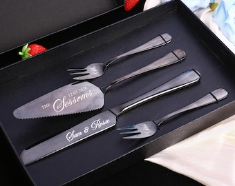 Custom Engraved Cake Cutting Set: Wedding Dessert Silverware Gift Box